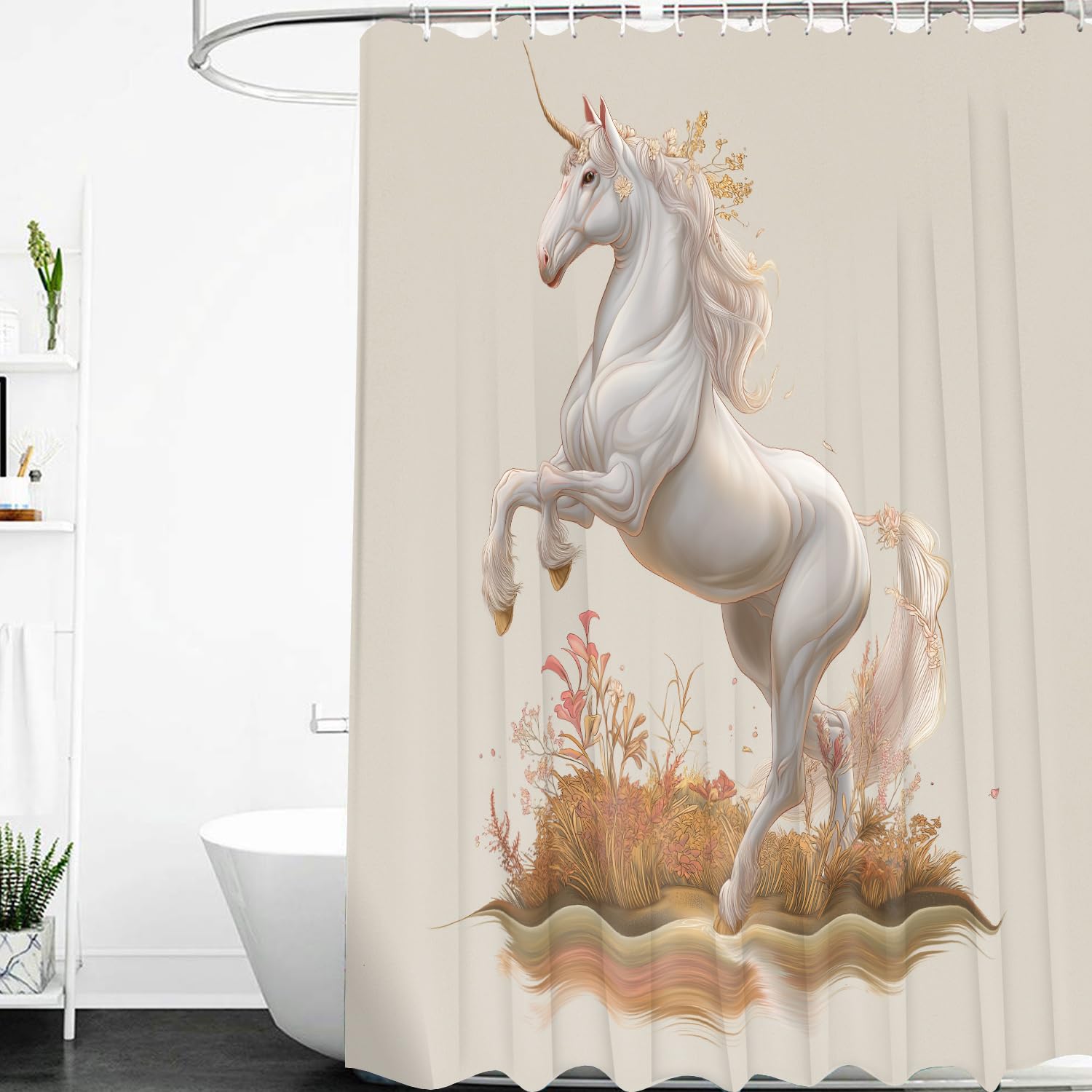 Cortina de Ducha con Diseño de Animales,Diseño de Unicornio Blanco con Estampado Floral,con Ganchos de Plástico,Tela de Poliéster Impermeable para Baño,240Anx200Alcm (1 Panel).