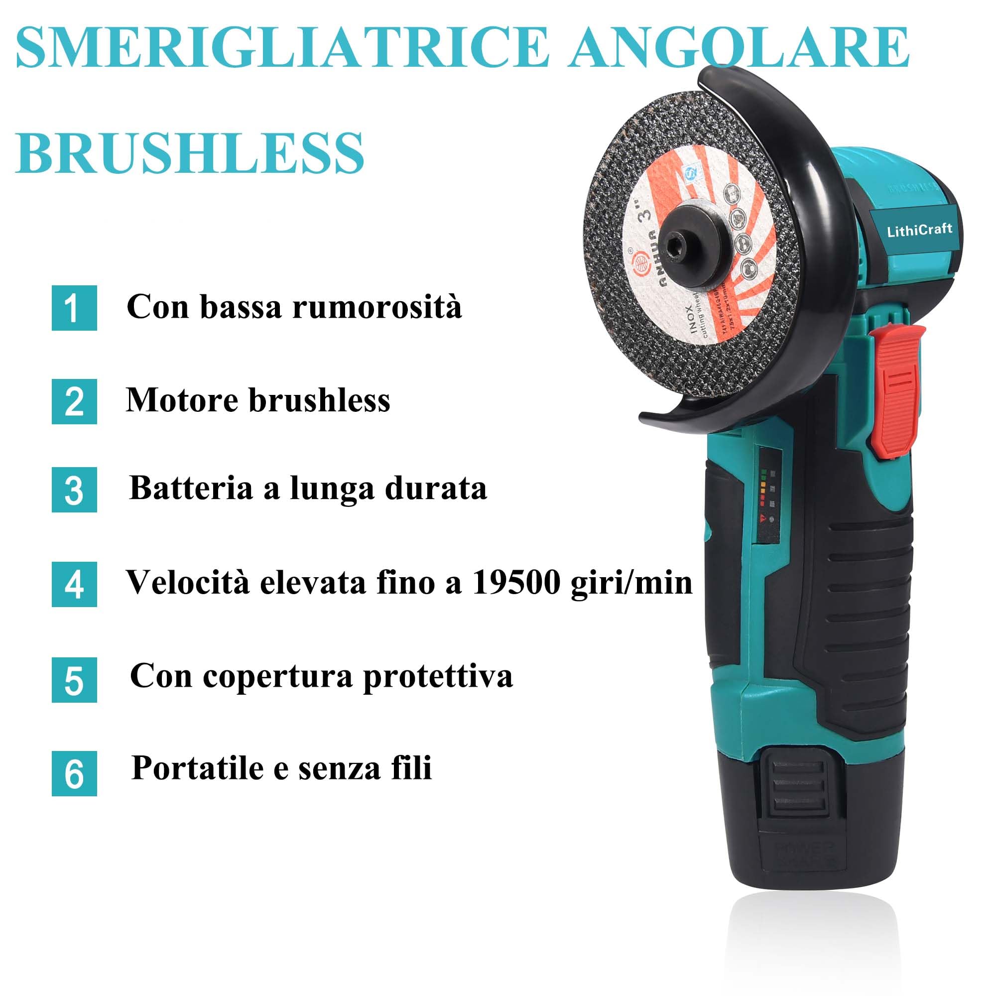 Mini Smerigliatrice Angolare a Batteria 12V, 76mm Motore Brushless 19500 Giri/min, Con 2 Batterie e 8 Dischi, Utensile da Taglio Elettrico per Metallo, Legno e Piastrelle