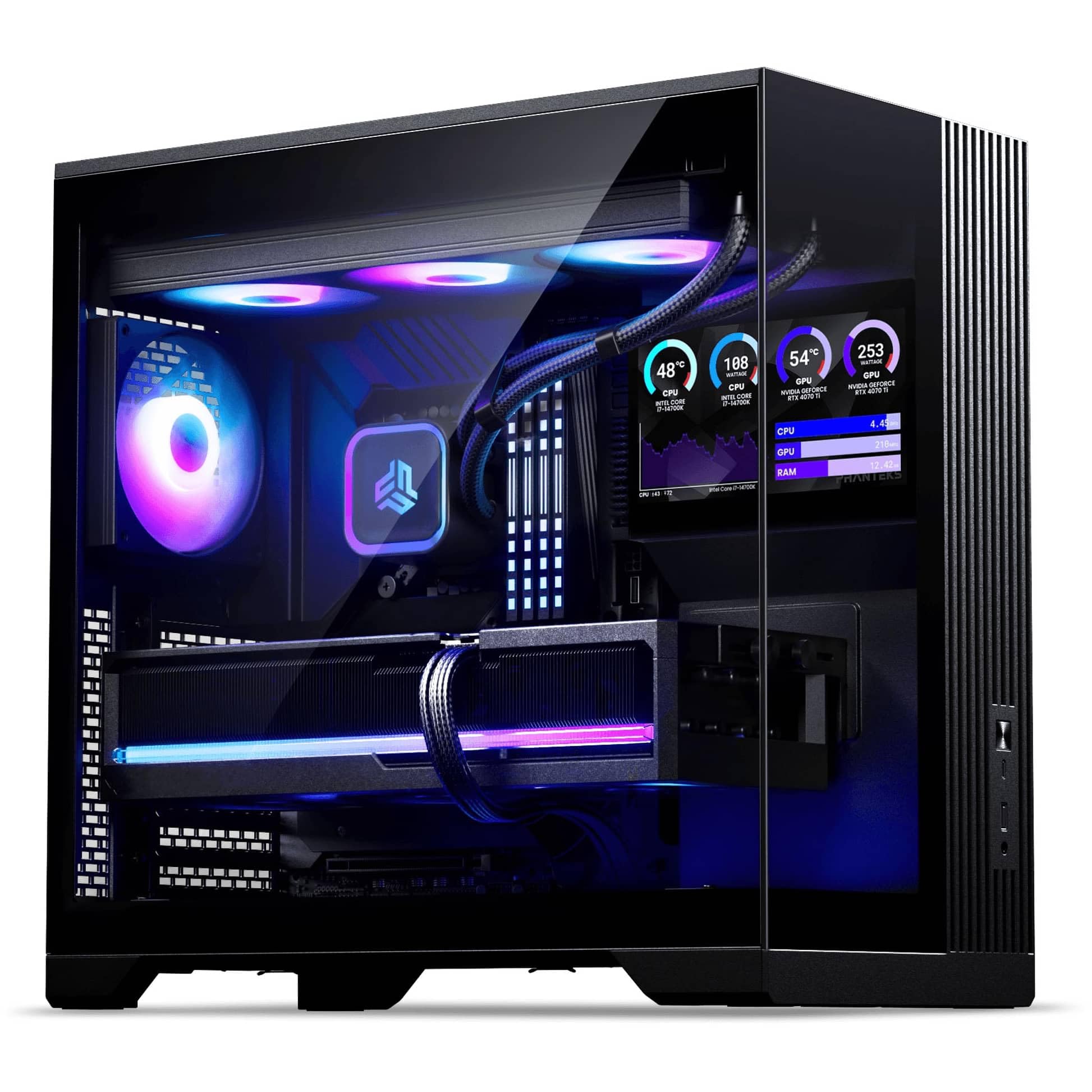 Phanteks XT V5 LCD PC-Gehäuse Midi-Tower ATX Tempered Glass | Schwarz, 7-Zoll-LCD, Showcase-Design, seitliche Luftzufuhr, 360-mm-Radiator-Support, RGB-Lüfter