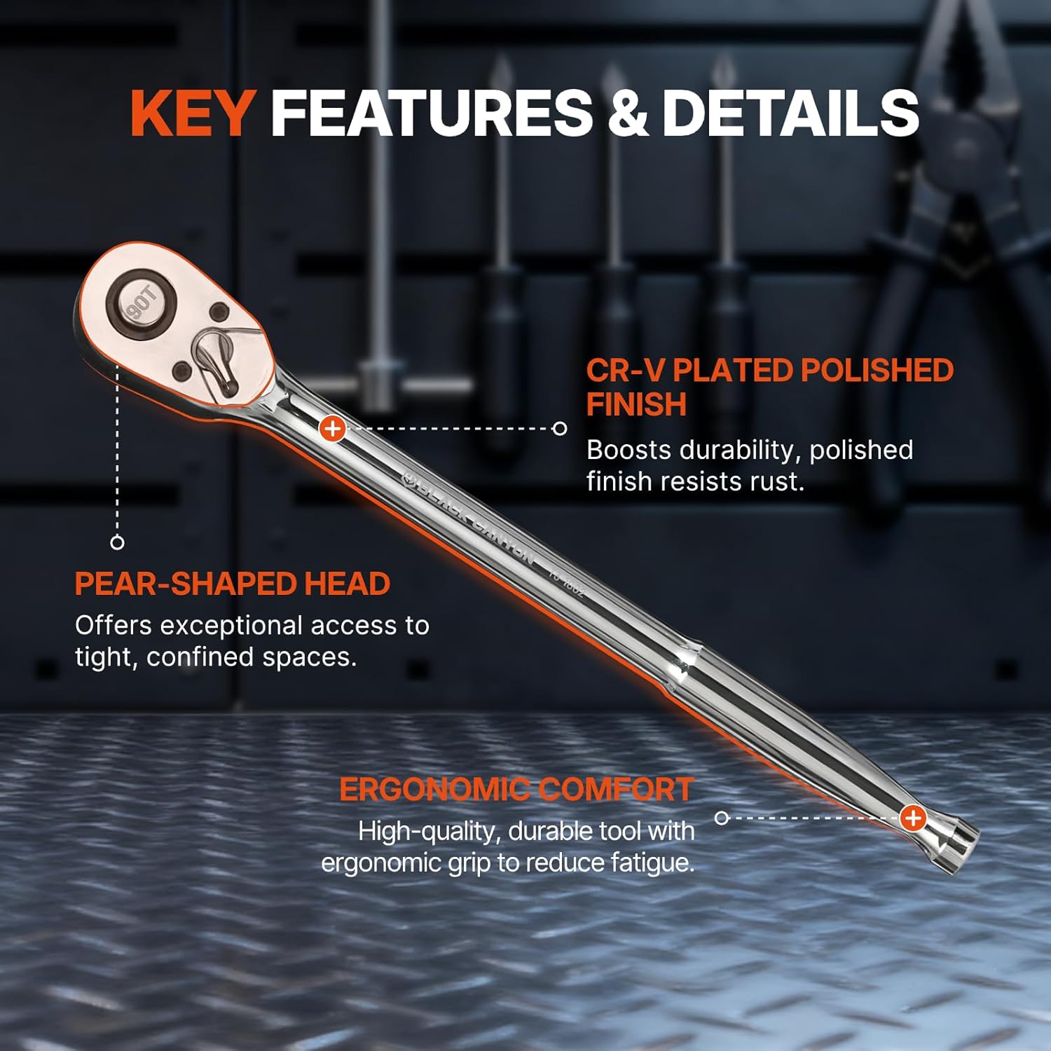 NORTHSKY 3-Piece 90 Tooth Ratchet Wrench Set, 1/4”, 3/8”, 1/2” Drive Ratchet, 4-Degree Swing, Ergonomic Handle, Chrome Alloy Made, Quick Release Ratchet Wrenches for Repairing, Home, DIY