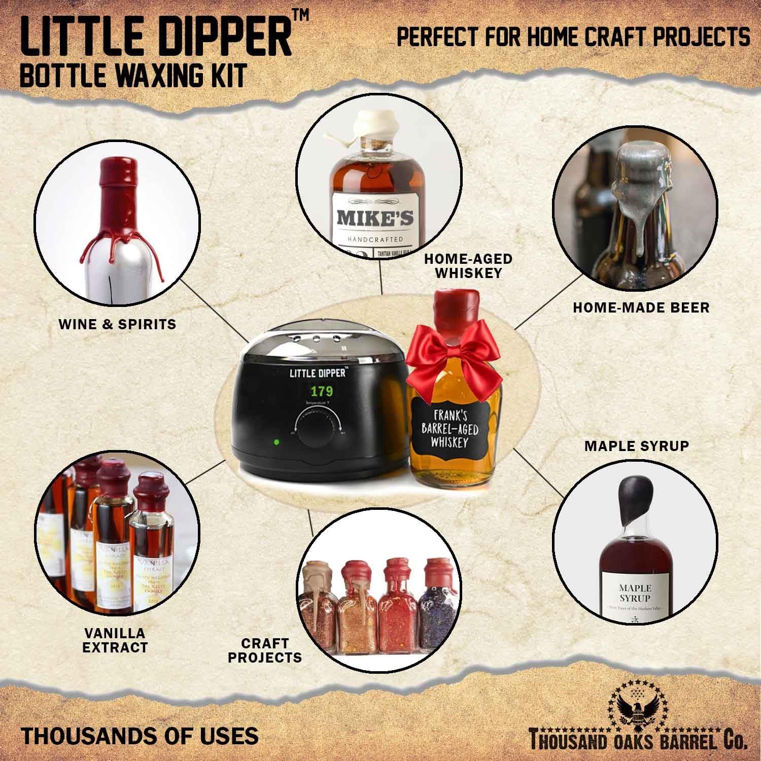 Little Dipper Bottle Sealing Wax Kit - Perfect for DIY Whiskey Making, Alcohol Infusion, Home Wine Making & Beer Bottling. Includes Electric Wax Warmer, Wax Seal Beads & Wooden Stirring Stick Supplies