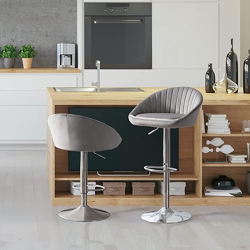 Miniatura 1 de Juego de 2 taburetes de bar ajustables de terciopelo con altura de mostrador de 360 giratorios con respaldo y base de metal sillas de bar tapizadas