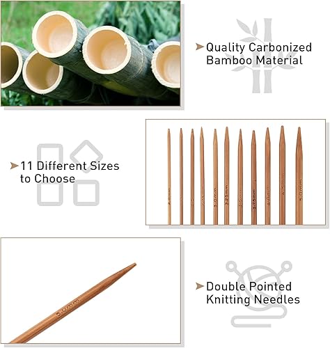 Miniatura 7 de Kit de agujas de tejer, juego de 11 agujas de tejer de doble punta de bambú carbonizado, 11 tamaños, juego de agujas de tejer suaves para tejer los
