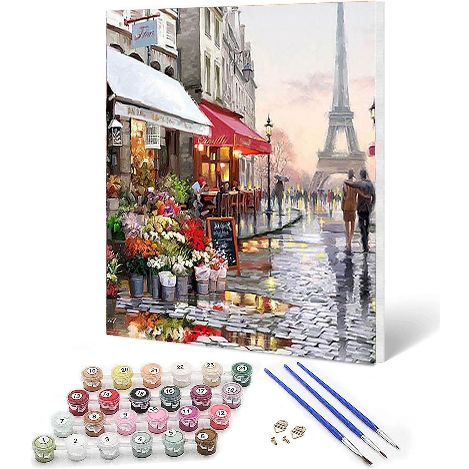Wooden FramePaint by Numbers DIY Oil Painting for Adults, Beginners and Kids, 12" Wx16 L Pack Canvas Pictures Drawing Paintwork with 6Pcs Wooden Paintbrushes and Doubled Pigment Scenery of Paris