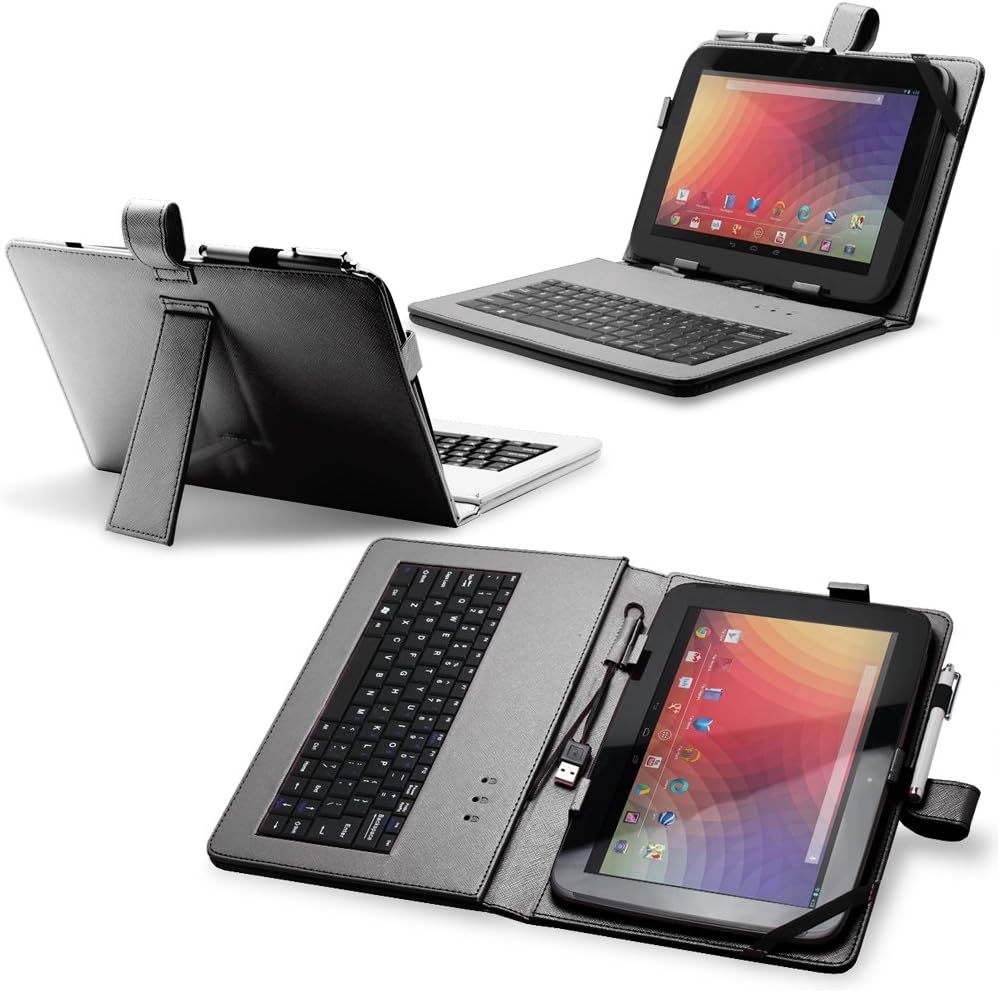 Fosmon Leather Case with Stand, USB Keyboard and Stylus for 10" Tablets (10.1" ePad / aPad, Google Nexus 10, Acer Iconia Tab A200, and More) - Black