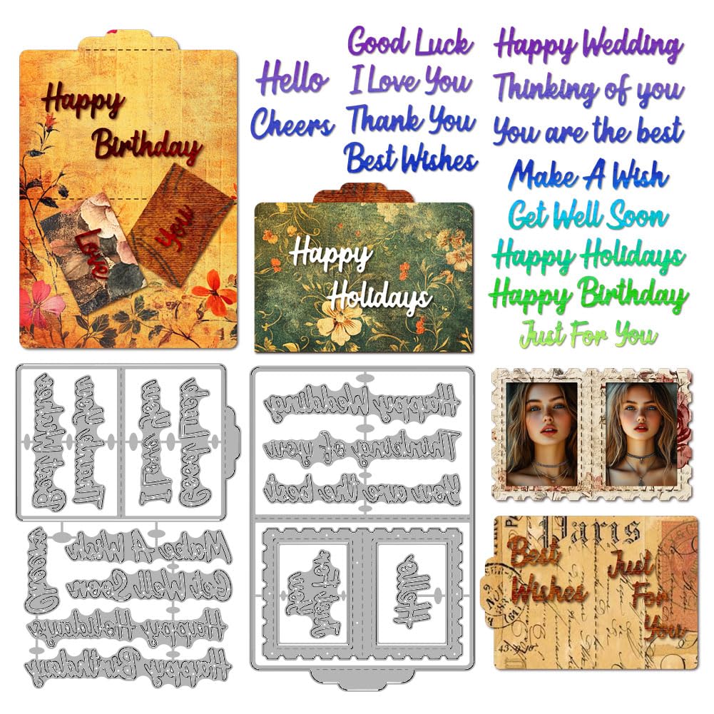 MAYJOYDIY Sentiment Metal Die Set, Thank You, Wedding, Good Luck & Best Wishes Cutting Dies for Card Making & Scrapbooking