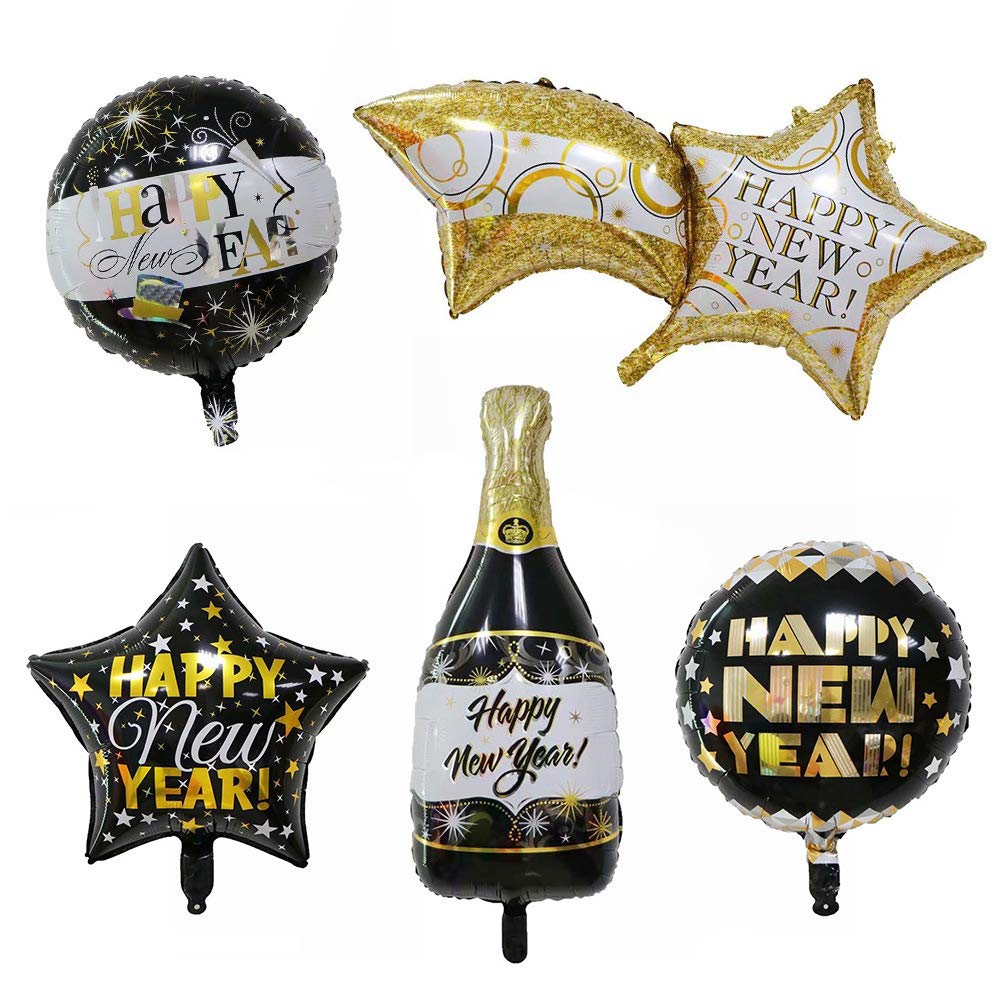 New Year Party Balloons Decorations 5pcs Black and Gold Mylar Balloons Champagne Bottle Black Gold Balloons, for Happy New Year Eve Party Celebration Decor Supplies