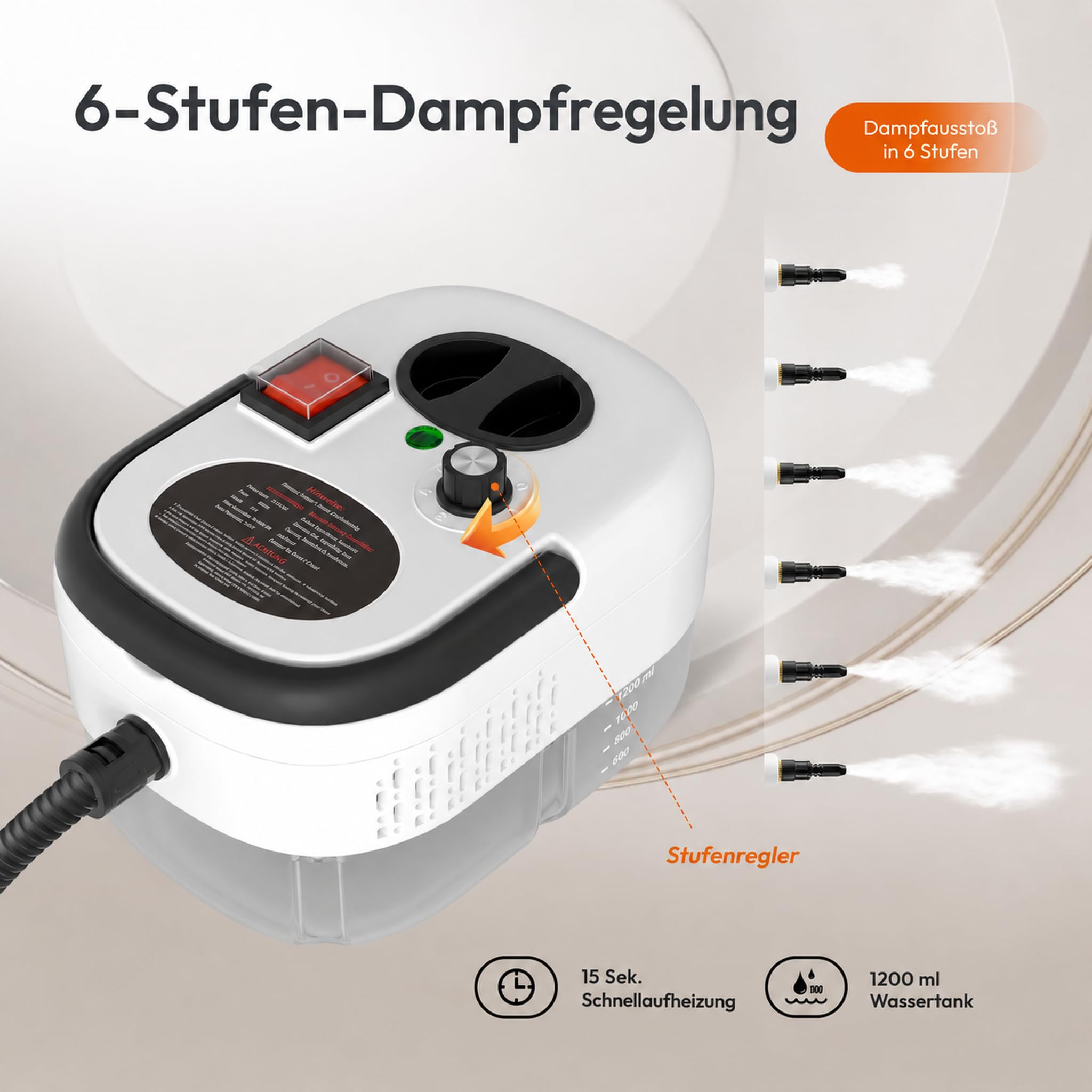 Dampfreiniger Handgerät, Dampfreiniger, 1,2L Wassertank, Tragbarer Steam Cleaner, Multifunktions Dampfreiniger für Alles, Schnellheiz-Dampfreiniger für Auto, Küche, Badezimmer, Fliesen, Fenstern-Weiß