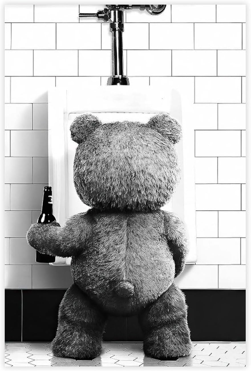 Funny Teddy Bear at Urinal Wall Art - Black And White Humorous Bathroom Decor Print - Quirky Bear with Beer Poster Canvas Poster Wall Art Decor Print Picture Paintings for Living Room Bedroom Decorati