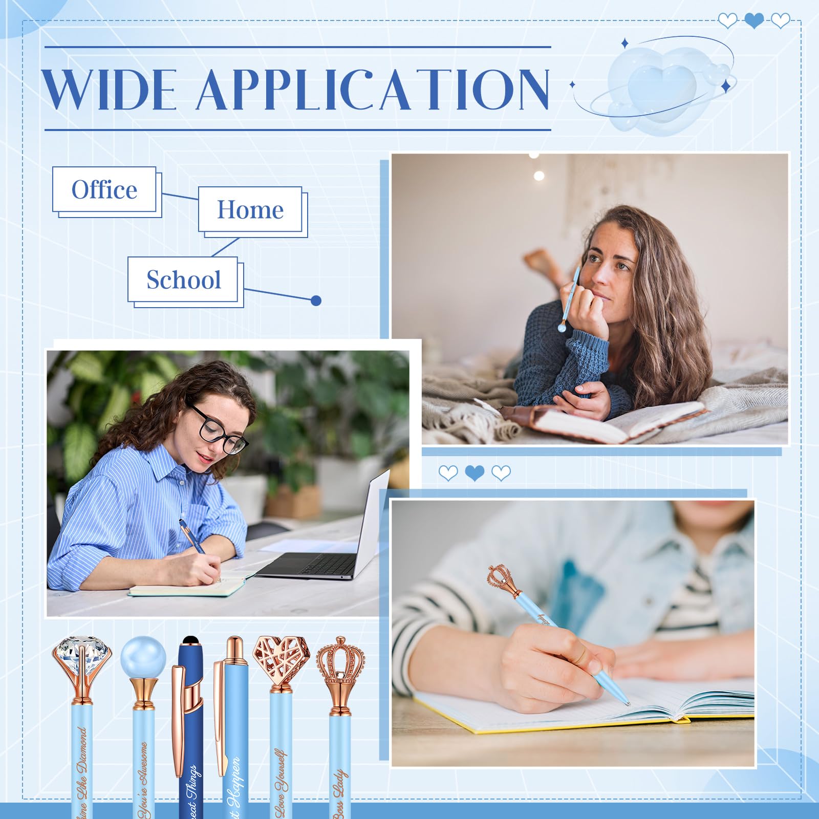 Qeeenar 6 Pcs Fancy Pens for Women Crystal Diamond Pen for Journaling Pretty Glitter Ballpoint with Box Inspirational Gifts for Women Girls College Students Cute Back to School Gifts(Dark Blue)