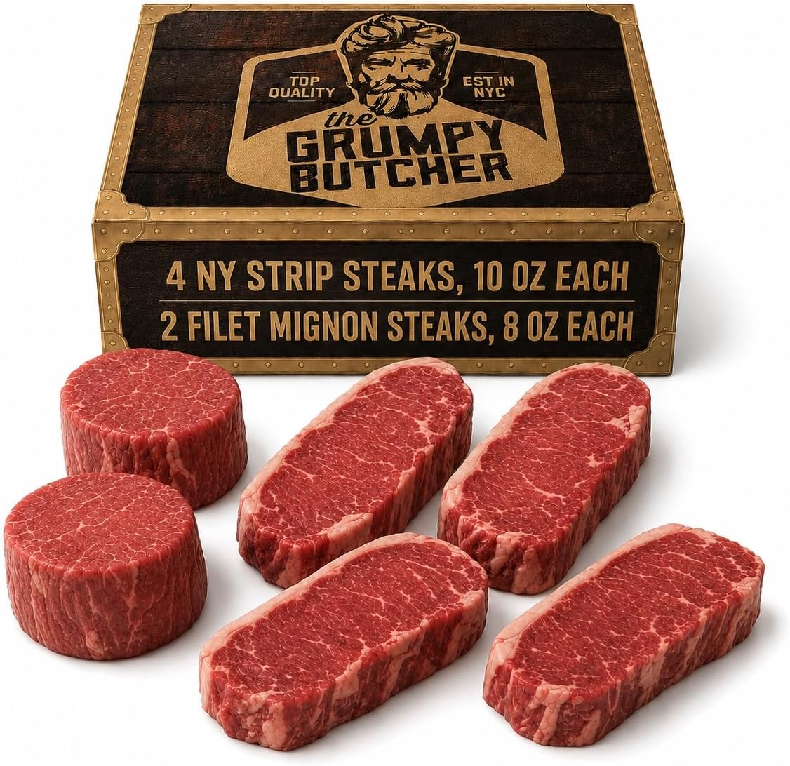 Grumpy Butcher 6 Steaks Sampler Set Gift Box: 2 Large Filet Mignons & 4 New York Strip Steaks - Prime Steakhouse Quality - Gourmet Food Gifts Packages Specials Carne Asada