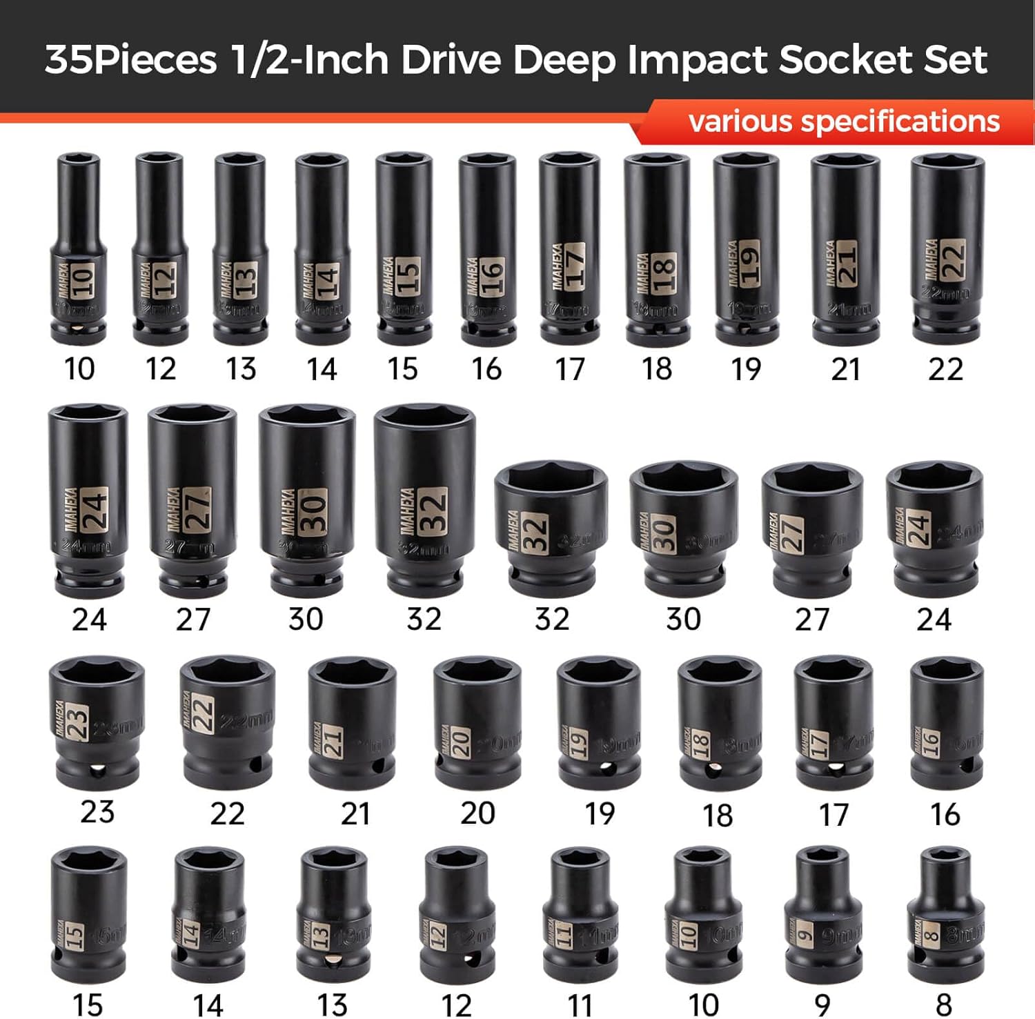 35 Pieces 1/2-Inch Drive Deep Impact Socket Set,Metric Sizes(10 to 32mm),Deep CO-MO Meterial Socket,With Premium Red Socket Organizer,6 Point