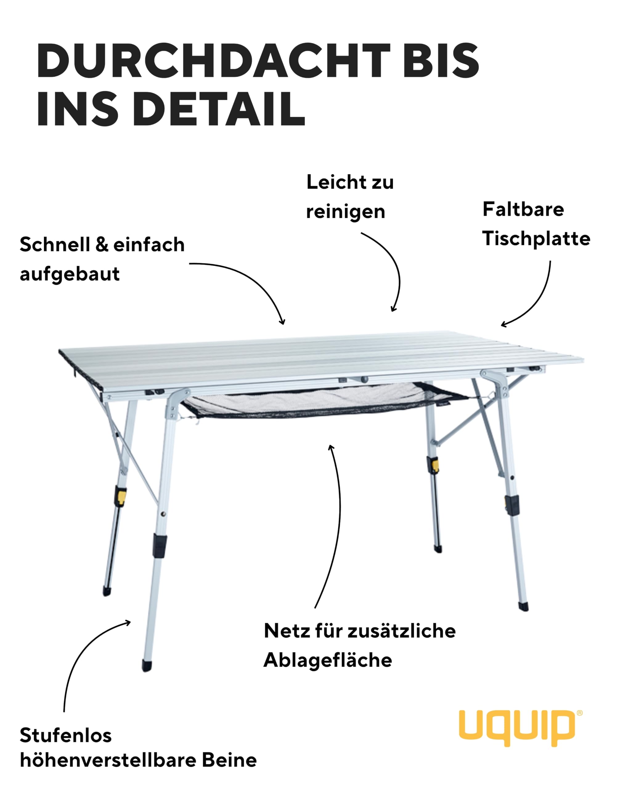 Uquip Campingtisch Variety L Silver I 70 x 51 x 120 cm I kompakter Falttisch mit 30 kg Traglast I Stabiler Klapptisch aus Aluminium I tragbarer Outdoor-Tisch für Camping, Picknick, Festivals & Garten