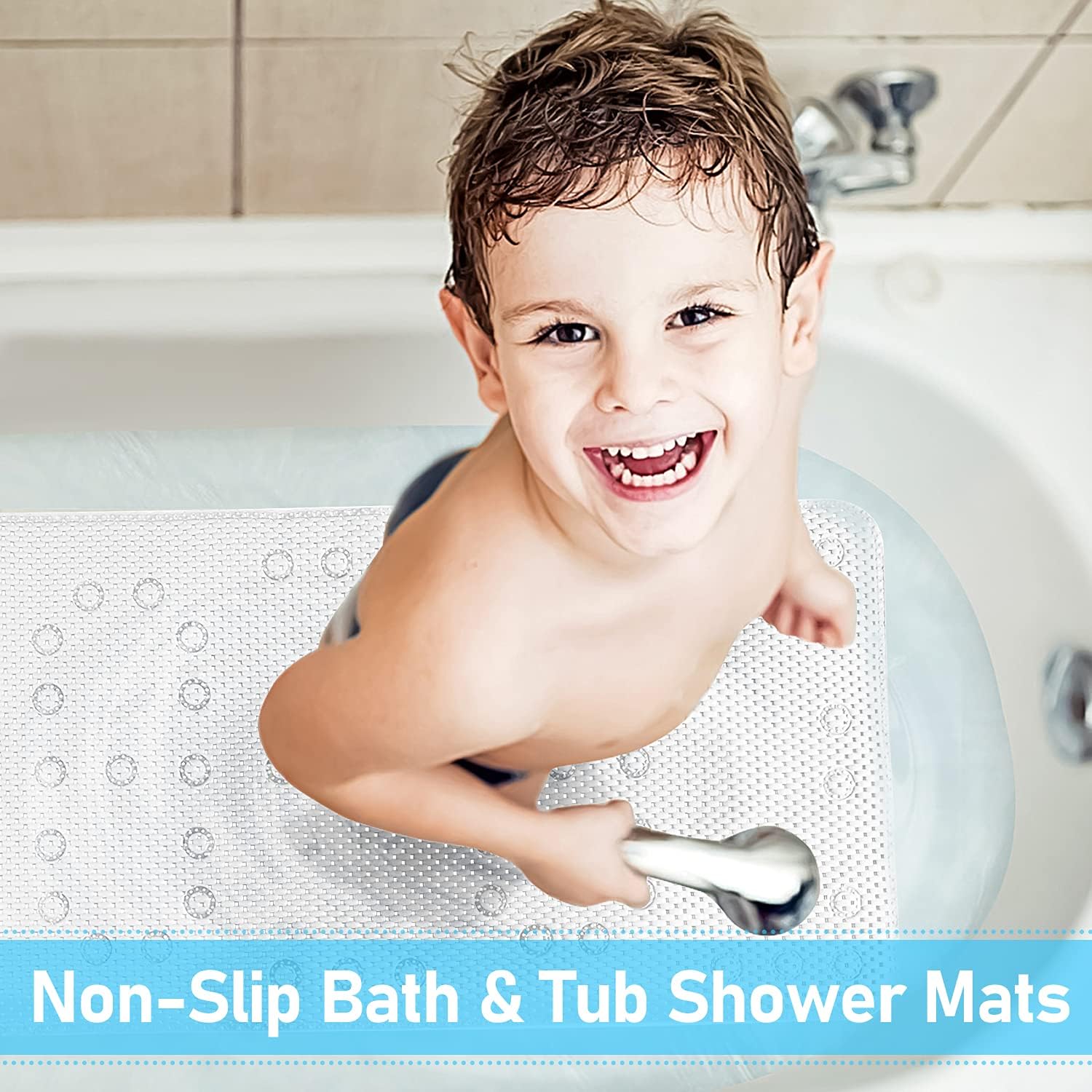 Bath Tub Shower Mat, NonSlip Bathtub Mats with Suction Cups and Drain