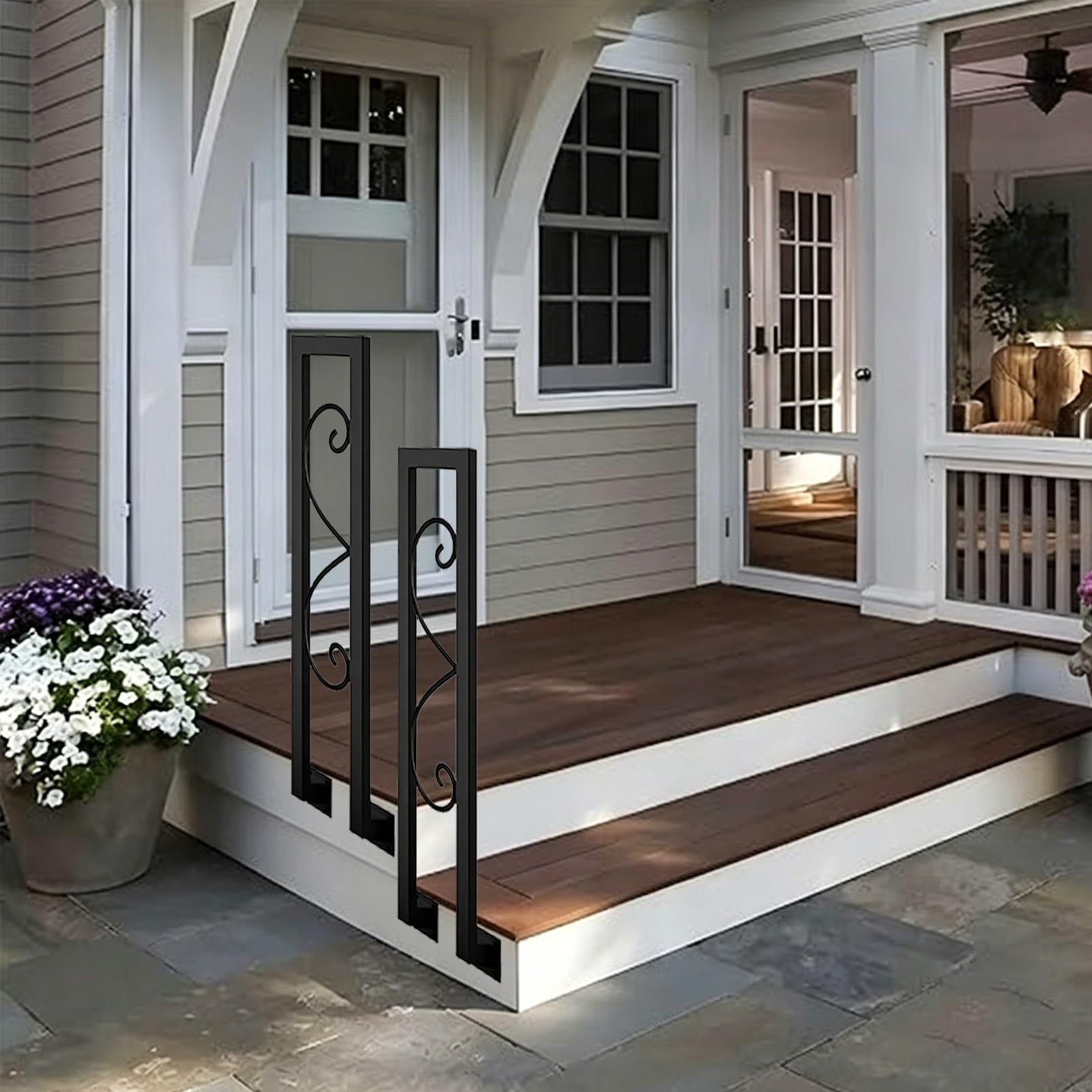 Black Internal Stair Railing, U Shape Stair Railing, Wrought Iron Handrail for Outdoor Stair Porch Deck Garden Loft Entrance Guardrail Side Mount Hand Rail(95cm(2.1ft))