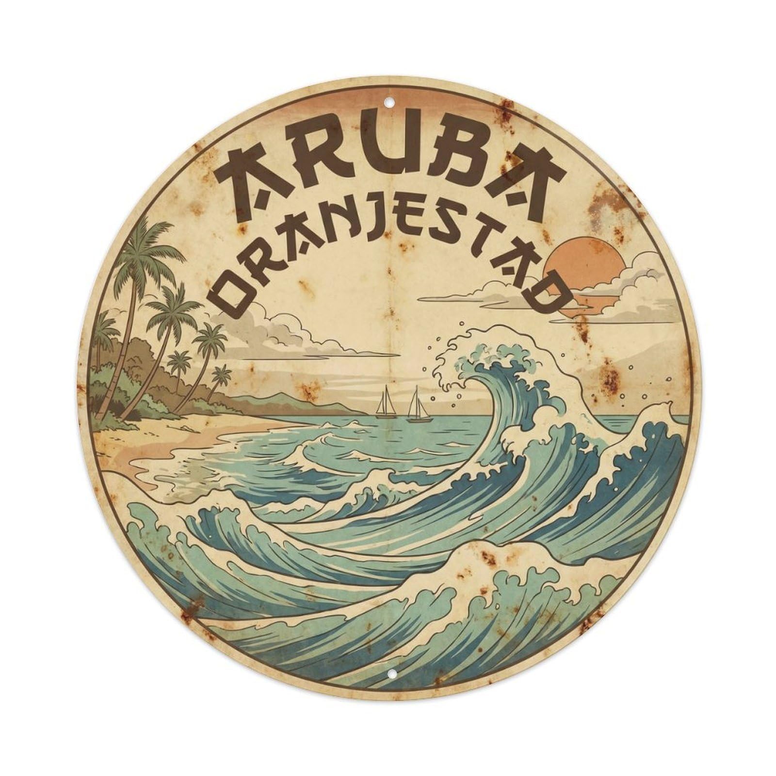 Olhnbad 08X08inch Style Aruba Oranjestad Coastal Escape Woodblock Metal Tin Sign
