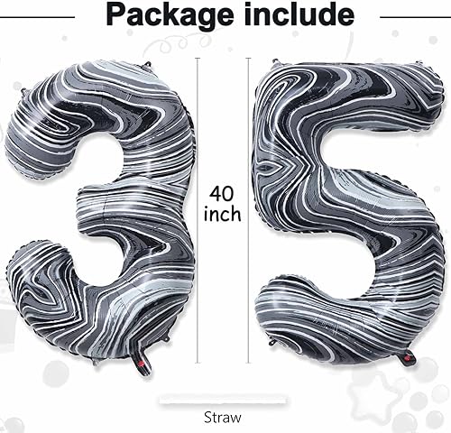 Miniatura 3 de Globos gigantes de papel de aluminio de mármol negro de 40 pulgadas, globos gigantes de helio con el número 35 o 53 para decoraciones de cumpleaños