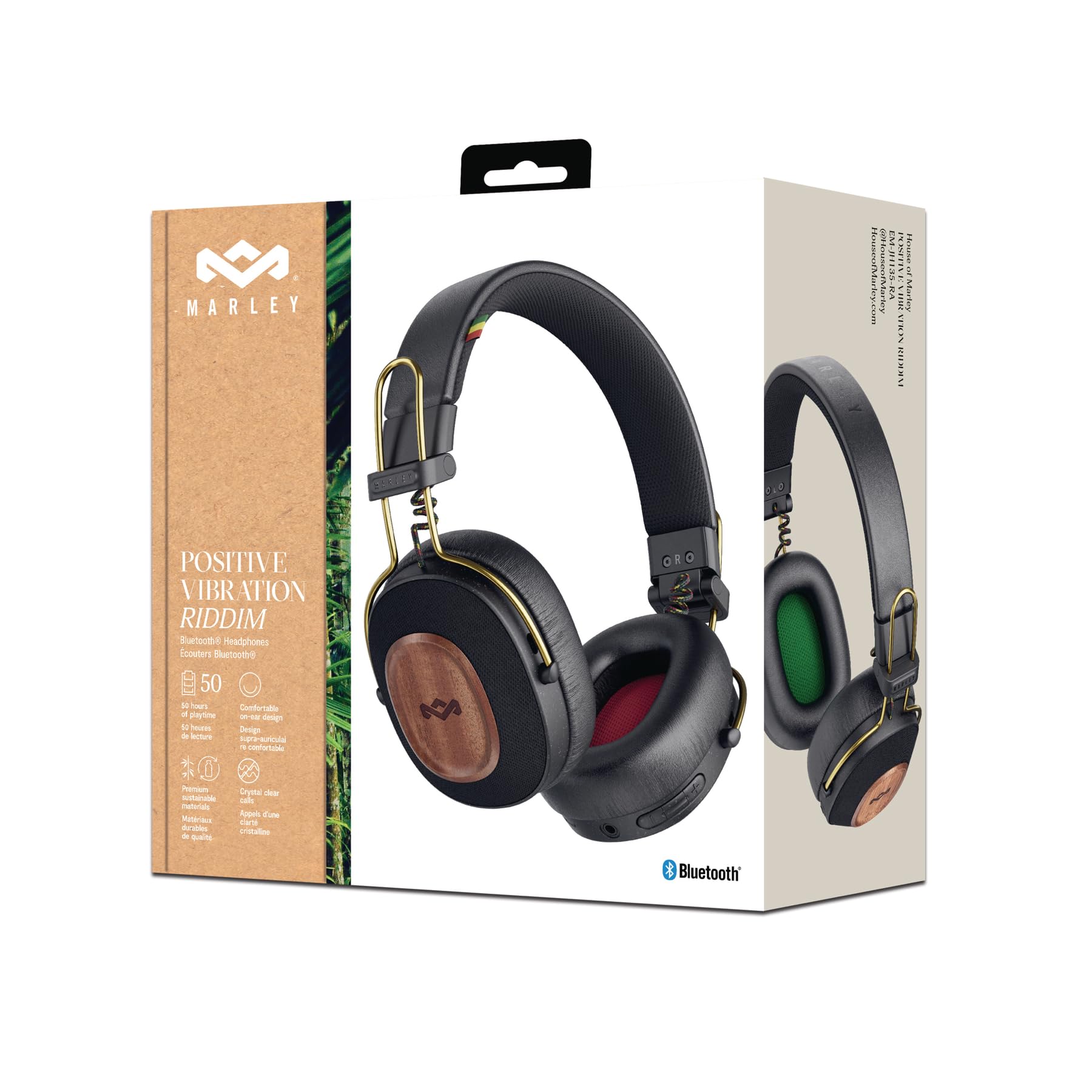 Marley House of Positive Vibration Riddim Cuffie On-Ear Wireless - Cuffie Bluetooth Pieghevoli, 50 Ore di Autonomia, con Microfono, Ricarica rapida USB-C, Materiali Sostenibili, Rasta