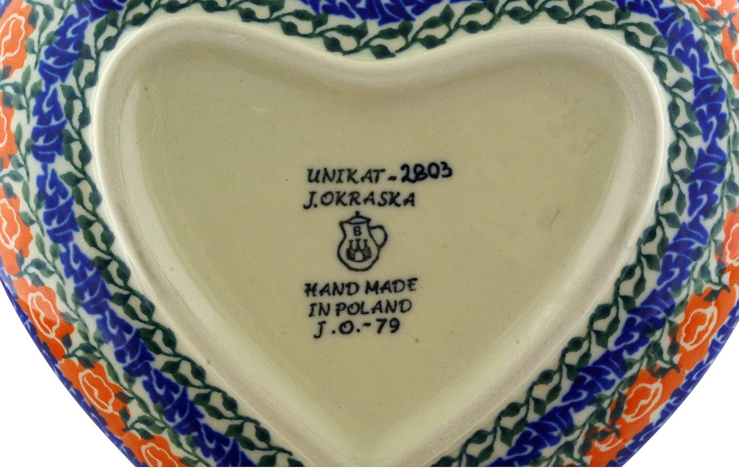 Polmedia Polish Pottery Heart Shaped Platter 7-inch UNIKAT - Fiery Bouquet Pattern Handmade in Boleslawiec Poland by Ceramika Artystyczna + Certificate of Authenticity