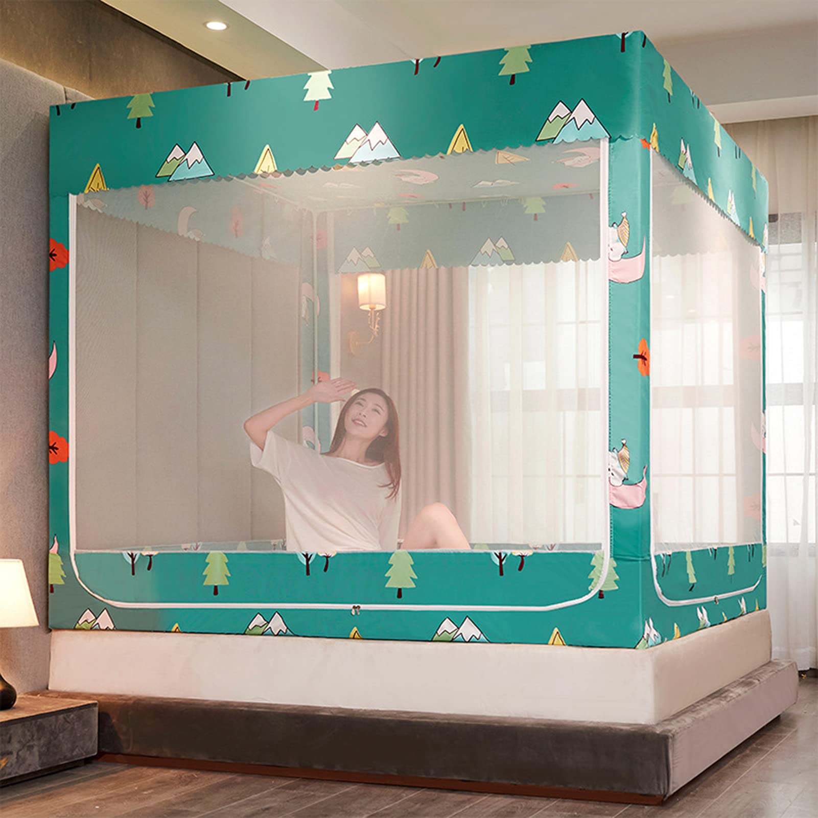 Moustiquaire pour lit double baldaquin vert à 3 portes