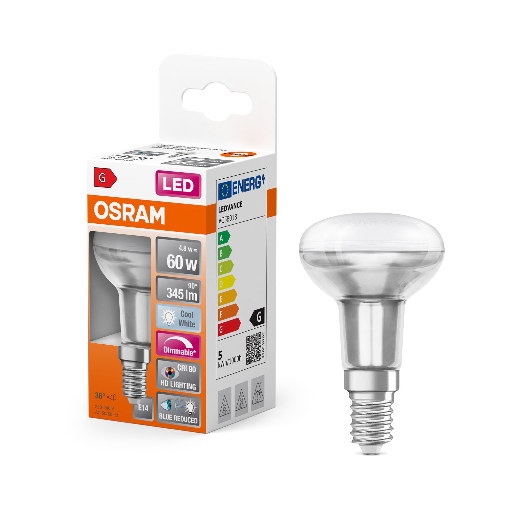 OSRAM Superstar dimmable LED lamp with Extra high Colour Rendering (CRI90), E14-base Clear Glass,Cold White (4000K), 345 Lumen, 60W-Replacement, dimmable, 1-Pack