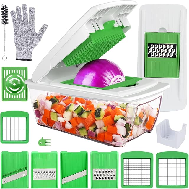 Vegetable Chopper, Onion Chopper Food Chopper Vegetable Slicer, Manual Mandoline Slicer Cutter with Container, Kitchen Multifunctional Dicer Potato Tomato Fruit Salad, Green