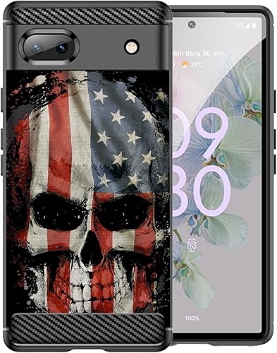 CasesOnDeck Skull Flags Case Compatible with Google Pixel 6A (2022) Pixel 6A Case, Slim Tough Matte Design with Carbon Fiber Texture (USA Skull)