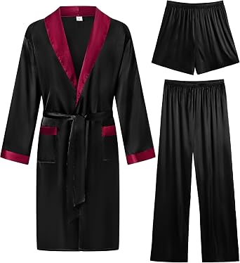 SWOMOG Mens 3 Pcs Robe Silk Satin Kimono Bathrobe with Shorts&Pants Set Lightweight Soft Sleepwear