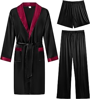 SWOMOG Men's 3 Pcs Robe Silk Satin Kimono Bathrobe with Shorts&Pants Set Lightweight Soft