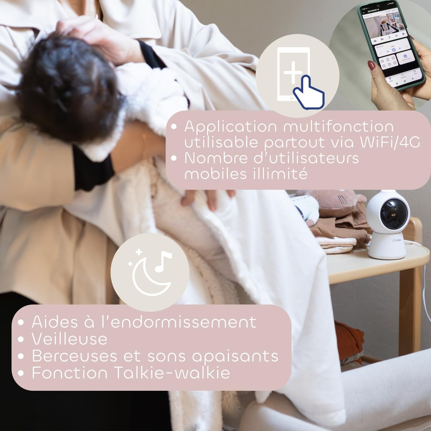 BÉABA Zen Smart AI Babyphone Vidéo 3 en 1, Blanc | Caméra 360° Full QHD 4MP, Écran HD 720p, IA Détection Retournement, Vision Nocturne, Application Mobile