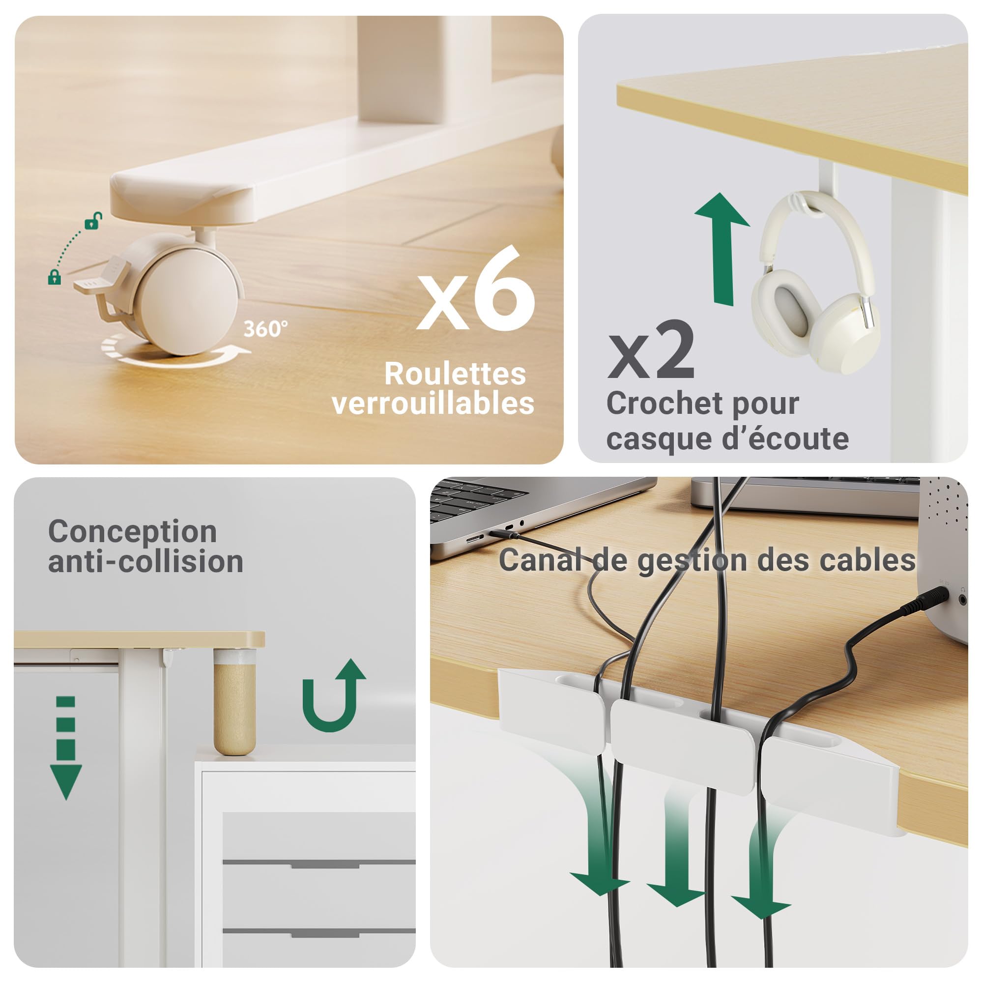 Claiks Bureau d'angle, réglable en Hauteur, 160 x 140 cm, avec Double Moteur, en Forme de L, Bureau réglable en Hauteur sur roulettes, Bureau en Forme de L, Beige