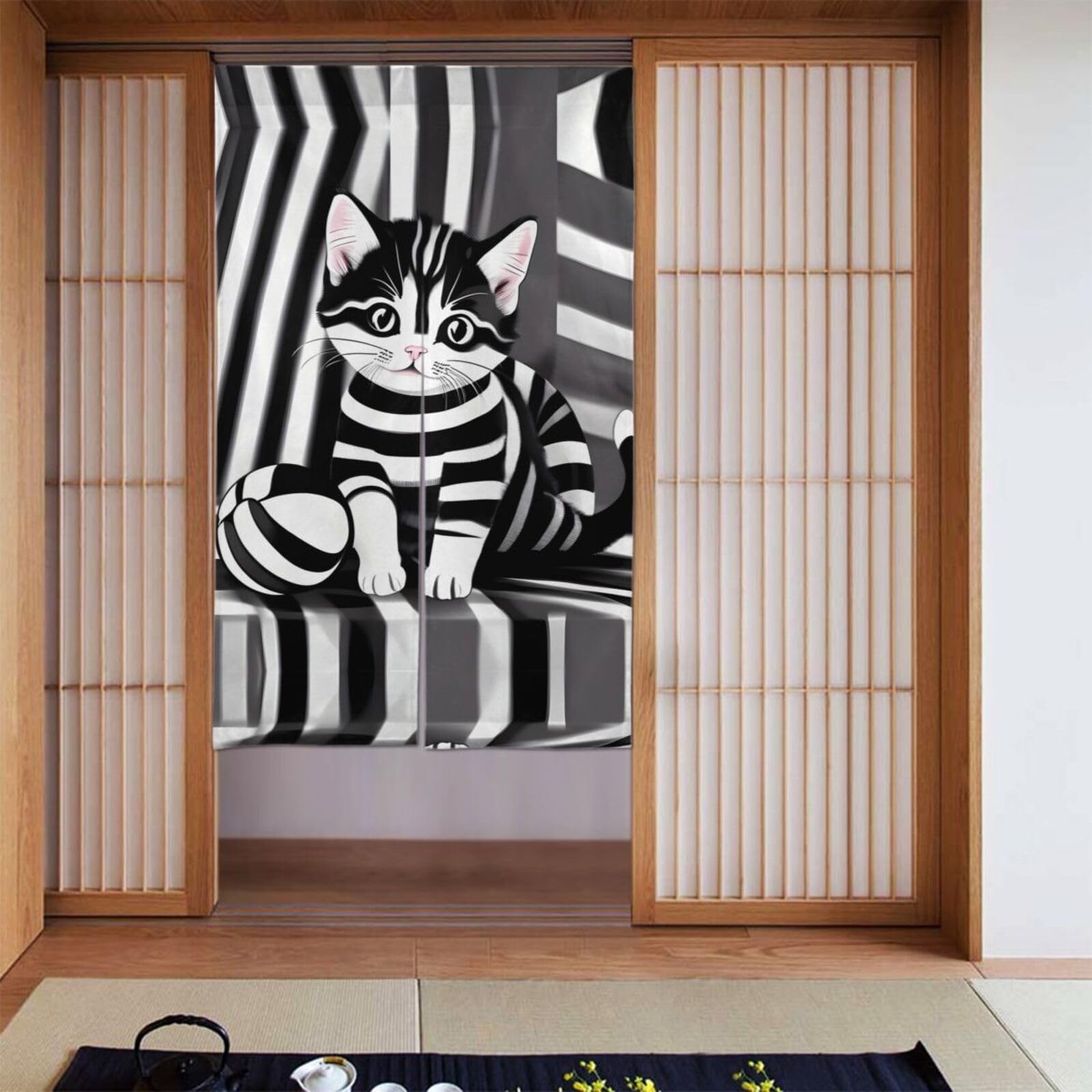 Rideau de porte chaton noir et blanc rayé double noren japonais pour salle de bain