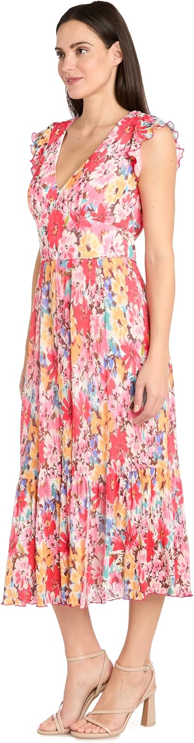 Floral Midi Dress with V-Neckline and Ruffled Sleeveless Straps - Image 3