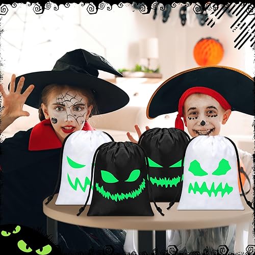 Miniatura 6 de Paterr 16 bolsas de recuerdo de Halloween, caras espeluznantes, pequeñas con cordón, bolsa de regalo para aula, Halloween, fiesta de cumpleaños (7 x
