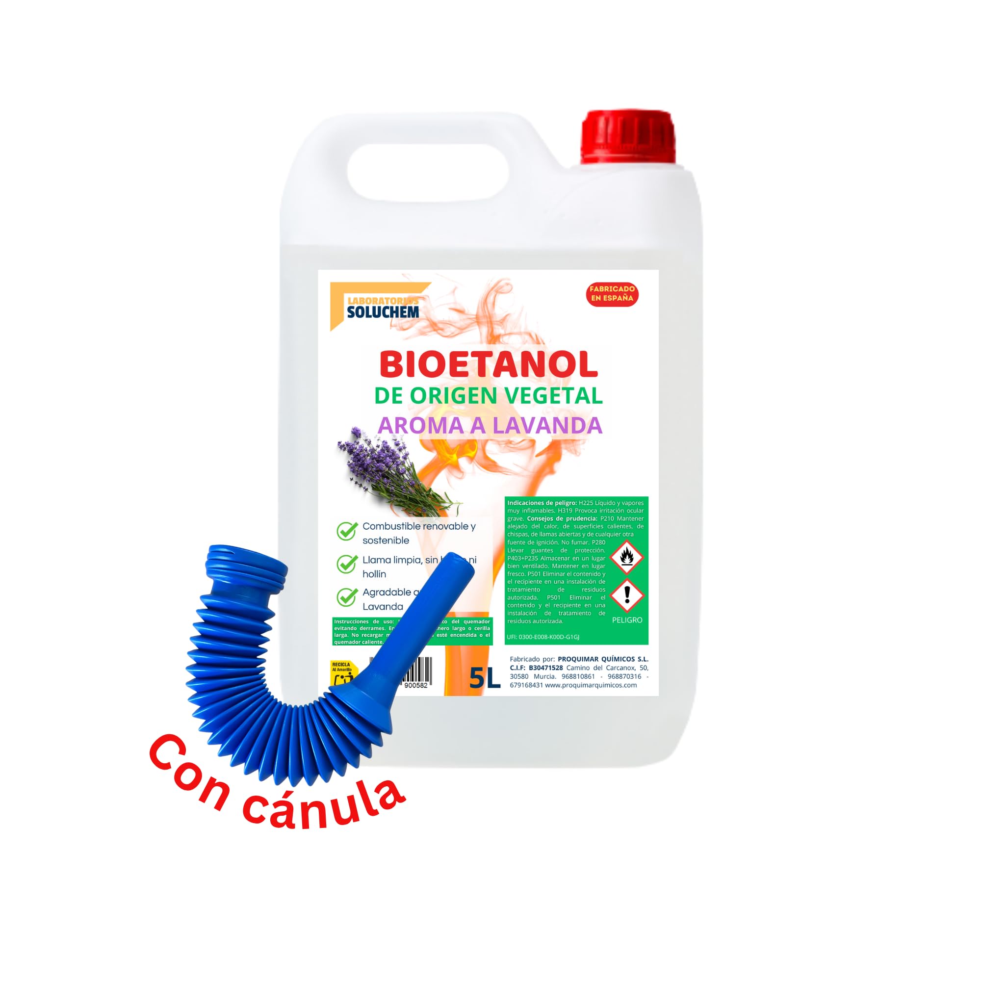 Bioetanol 99,9% Origen Vegetal | Con Aroma a Lavanda | Con Cánula | Combustible Limpio | Sin Humo | Ecológico y Renovable | Apto para Quemadores y Estufas de Bioetanol (5 litros)