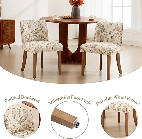 Miniatura 6 de Juego de 2 sillas de comedor de granja con diseño floral tapizado con respaldo bajo, sillas de comedor de lino con patas de madera para el hogar,