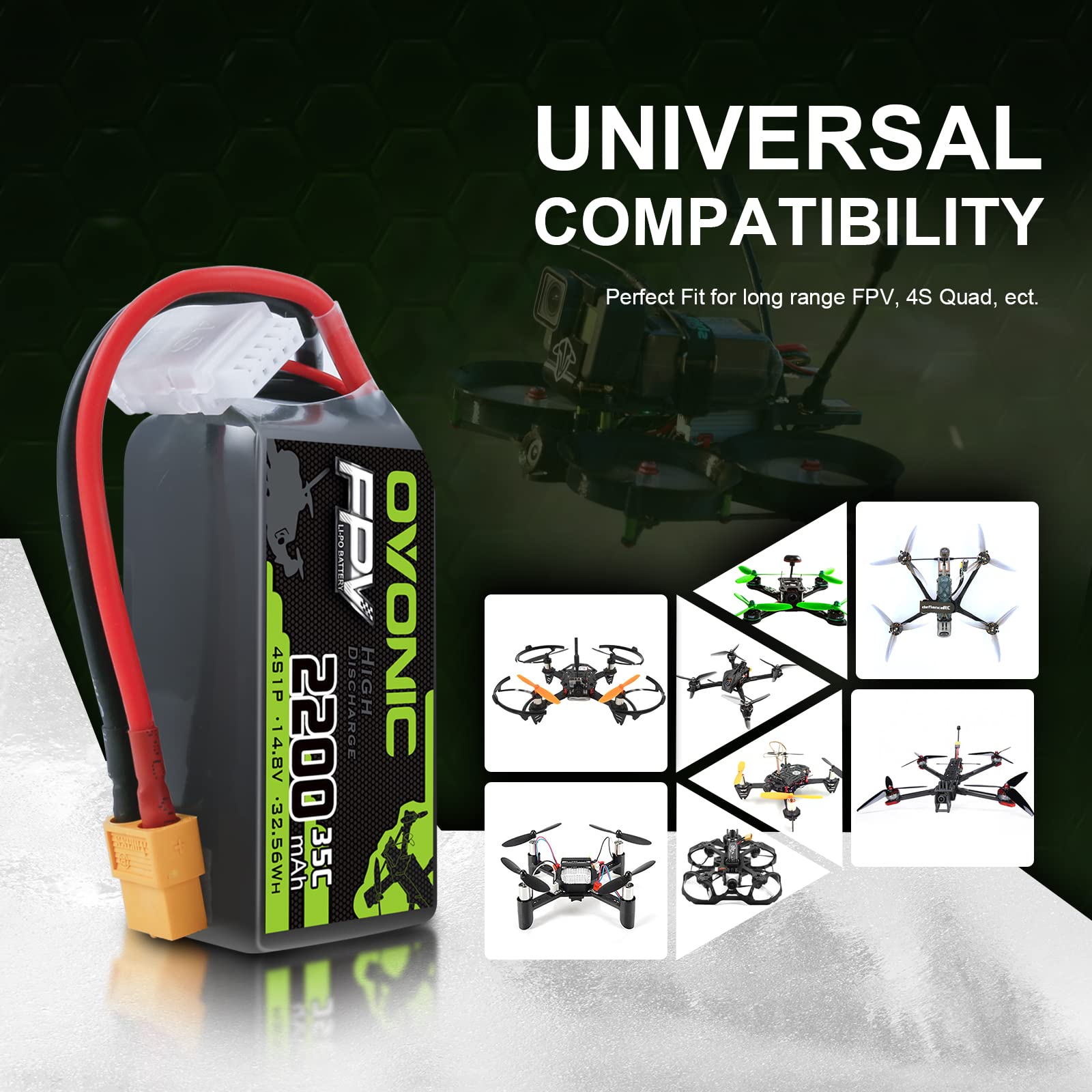 OVONIC Batteria LiPo 4S, 2200 mAh, 35C, 14,8 V, con spina XT60, per aereo Heli FPV RC Car RC (2 pezzi)