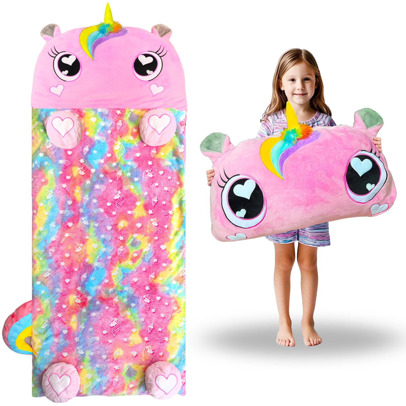Kids Sleeping Bag, Large Unicorn Slumber Bag for Girls and Boys, Portable Sleeping Mat, Preschool, Nursery, Birthday Gift, 5-12 Years, Pink