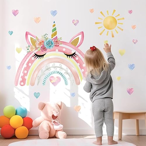 Miniatura 4 de wondever Calcomanías de pared grandes con diseño de arco iris de acuarela, diseño de unicornio y corazones de arco iris, calcomanías de arte para