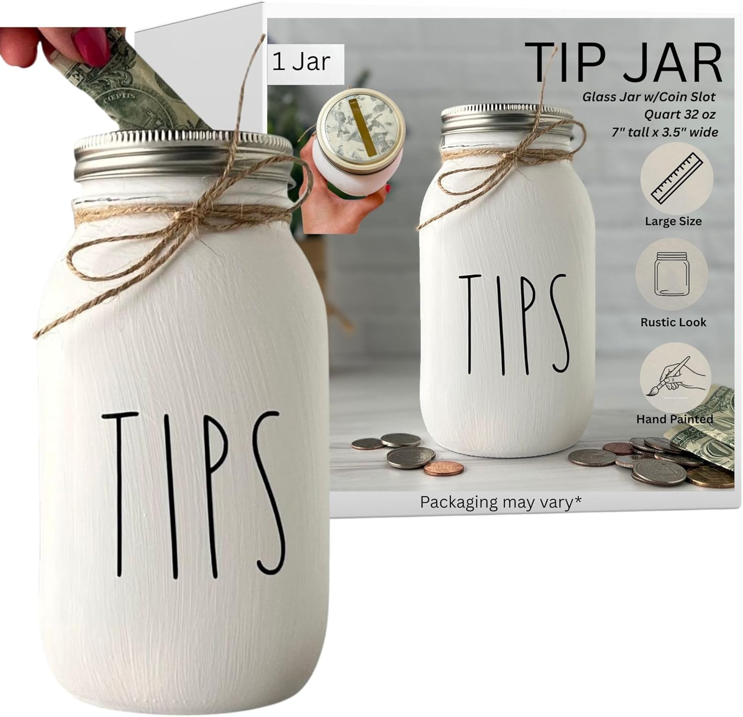 Tips Jar - White Painted and Distressed Mason Jar, Tip Jar for Money Restaurant, 32 oz. Regular Mouth Mason Jar with Coin Slot, Quart Size, Painted Mason Jar, Bartender, Salon Tip Jar with Lid, Glass