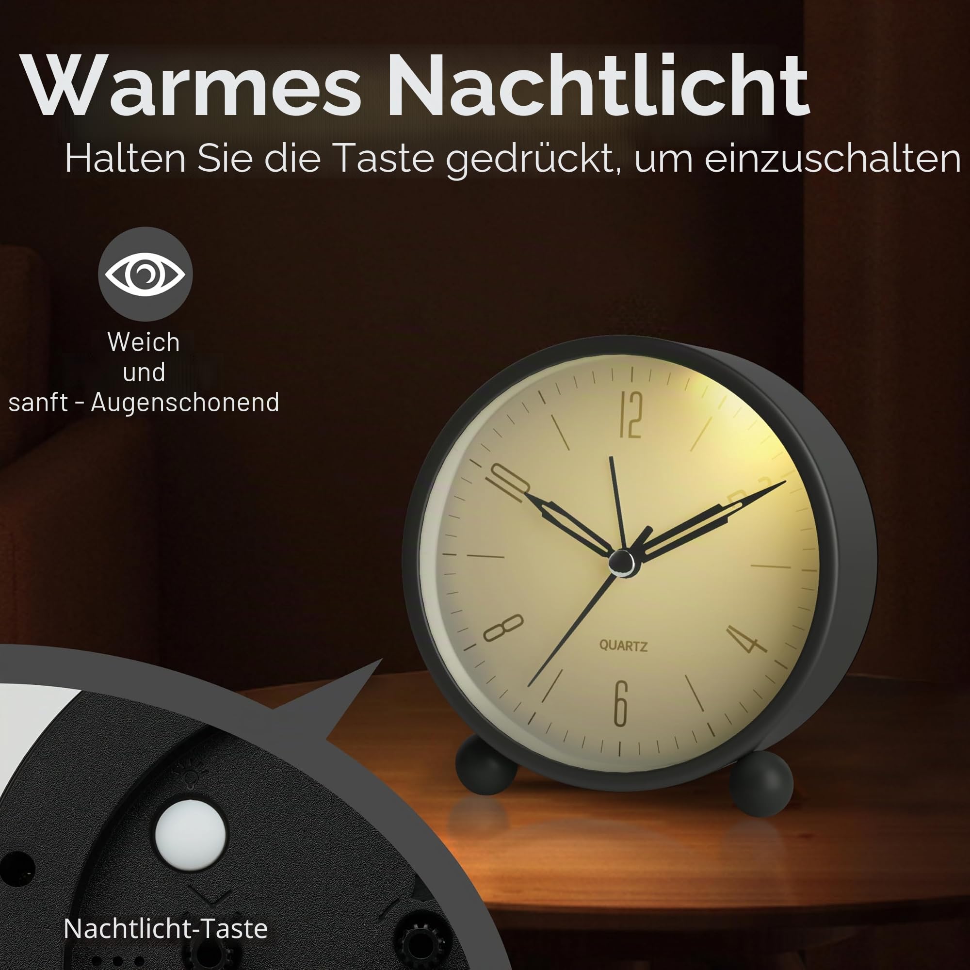 4 Zoll Analogwecker, super leise kein ticken, kleine Nachttischlampenuhr batteriebetrieben, einfaches Design, für Nachtbett, Büro, Schwarz
