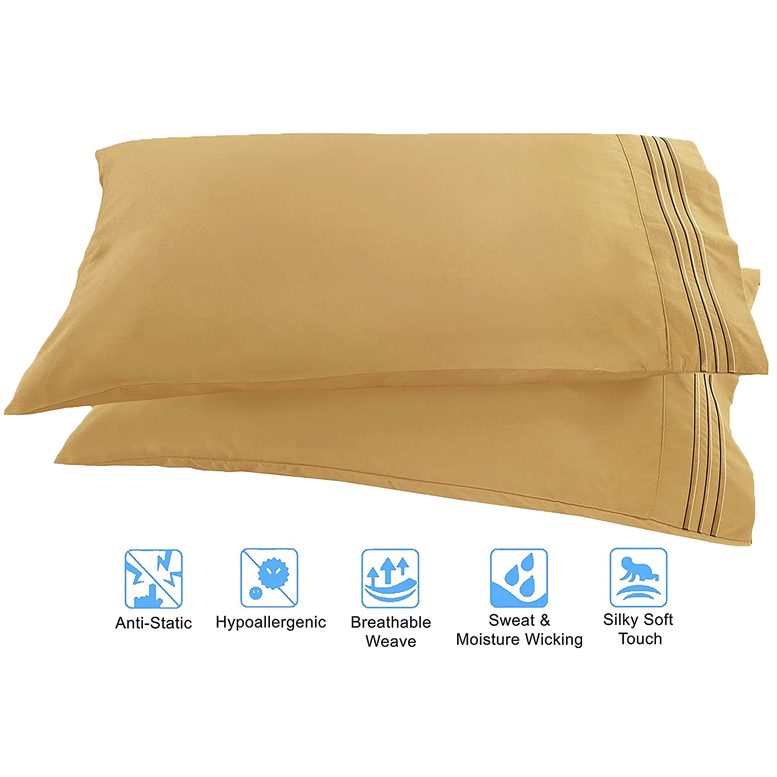 Parure De Lit En Coton égyptien – 1500 Fils – Twin XL – Rayures Dorées – Draps-housses Et Taies D’oreiller