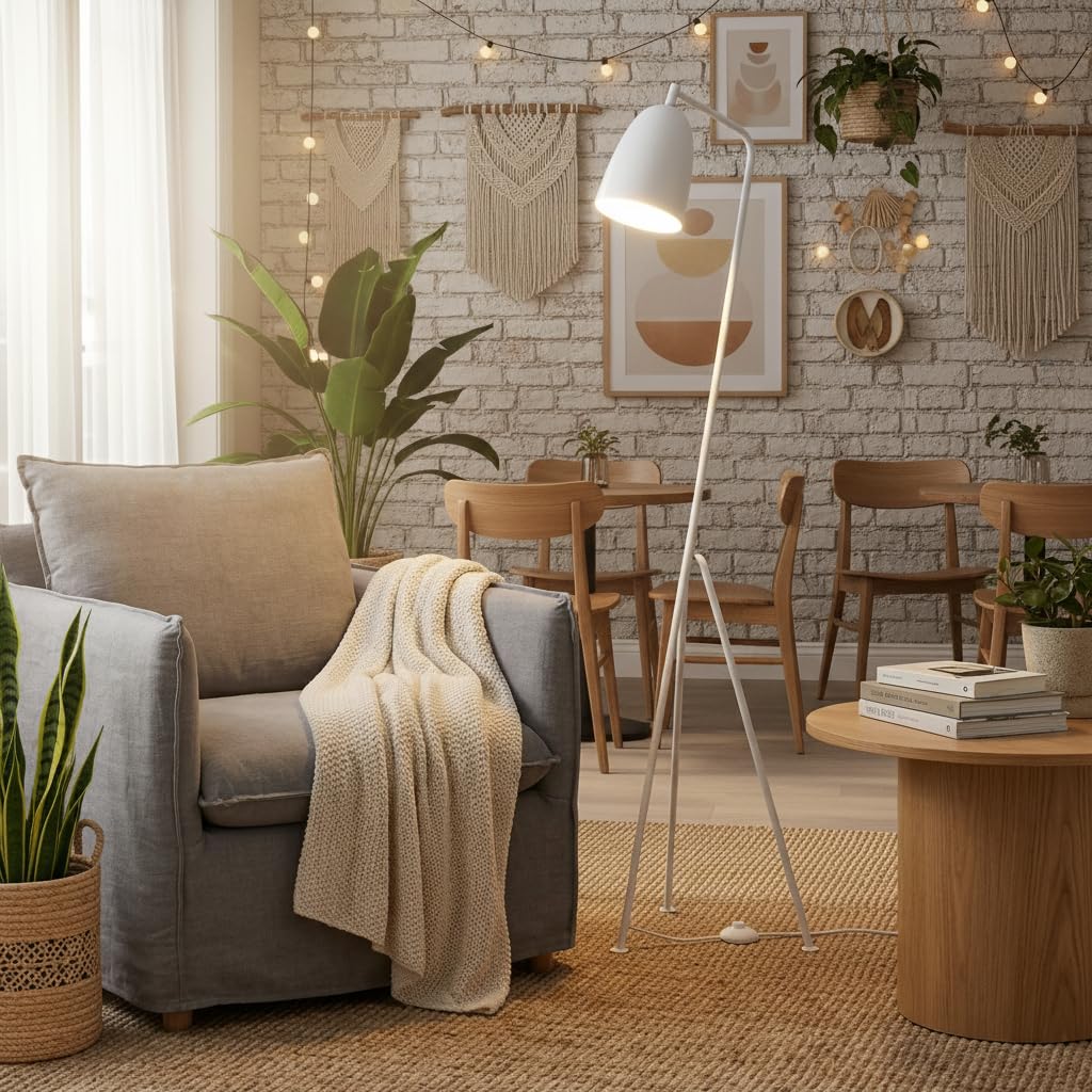 BARCELONA LED Lampa Podłogowa Shoppen Biała 160 cm, Lampa Trójnóg Vintage Mid Century, Regulowany Klosz E27, Styl Skandynawski Industrial Retro do Salonu Sypialni Biura