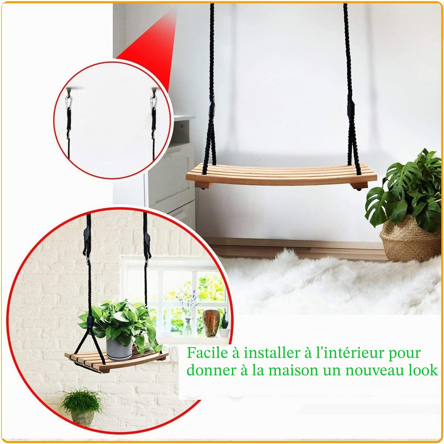 Balançoire d'extérieur - Siège en bois pour tous âges - Aire de jeux avec corde de chanvre ajustable (56 x 25 cm)