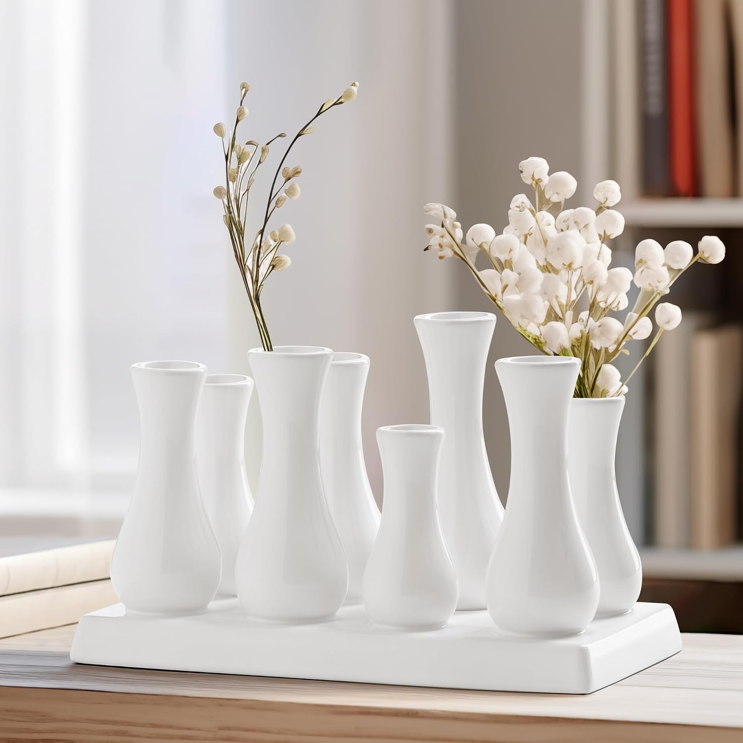 Torre & Tagus Multi Tube Ceramic Urn Bud Vase Set - 8 Connected Miniature Floral Vases with Shared Base for Home Decor, Desktop Decoration, Windowsill, Tabletop Centerpiece, Rectangle, White