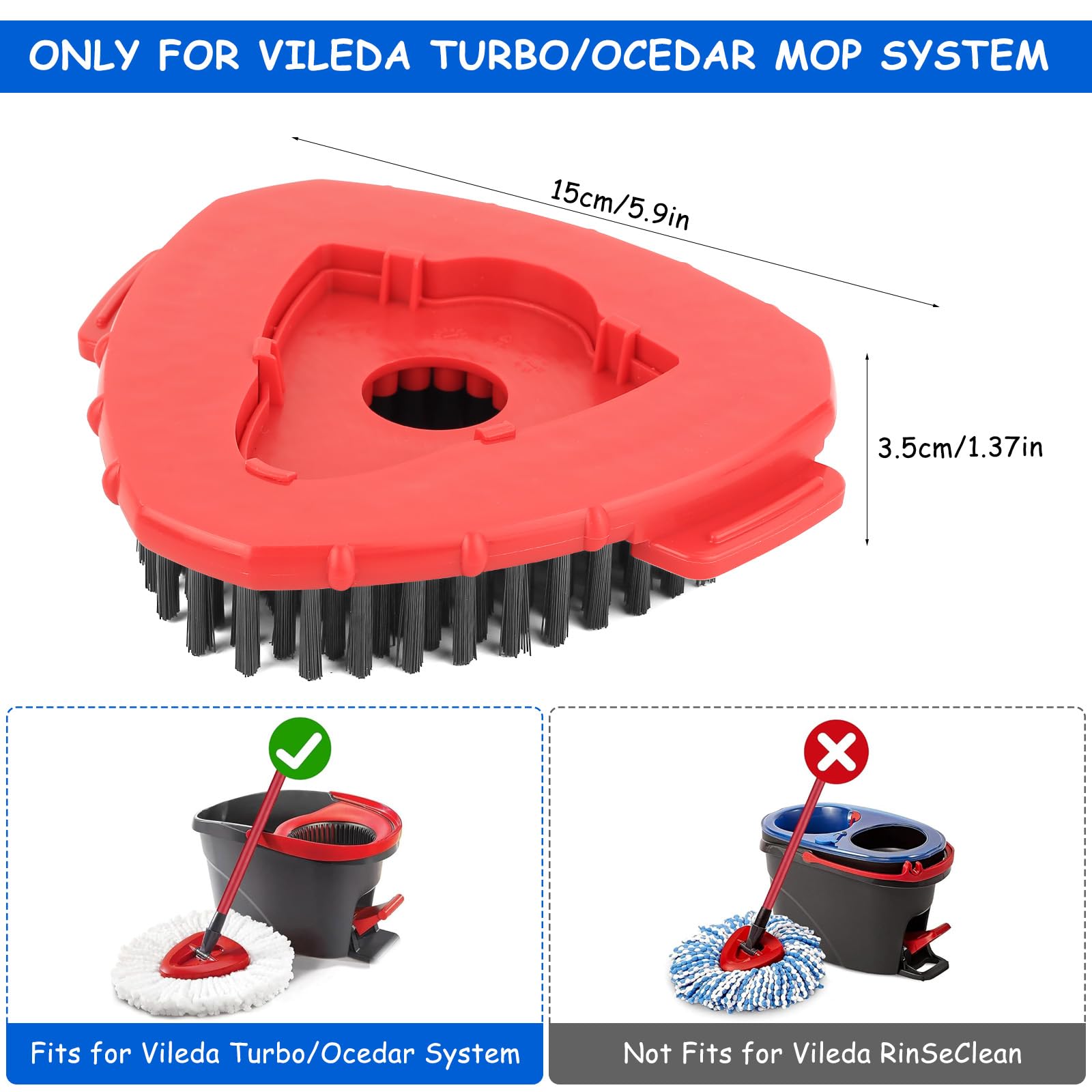 2 Pcs Cepillo de Repuesto para Vileda Turbo Fregona, Cabezal de Limpieza Giratorio Triangular para Vileda Turbo Spin EasyWring, para Baño, Cocina, Piscinas y Patios