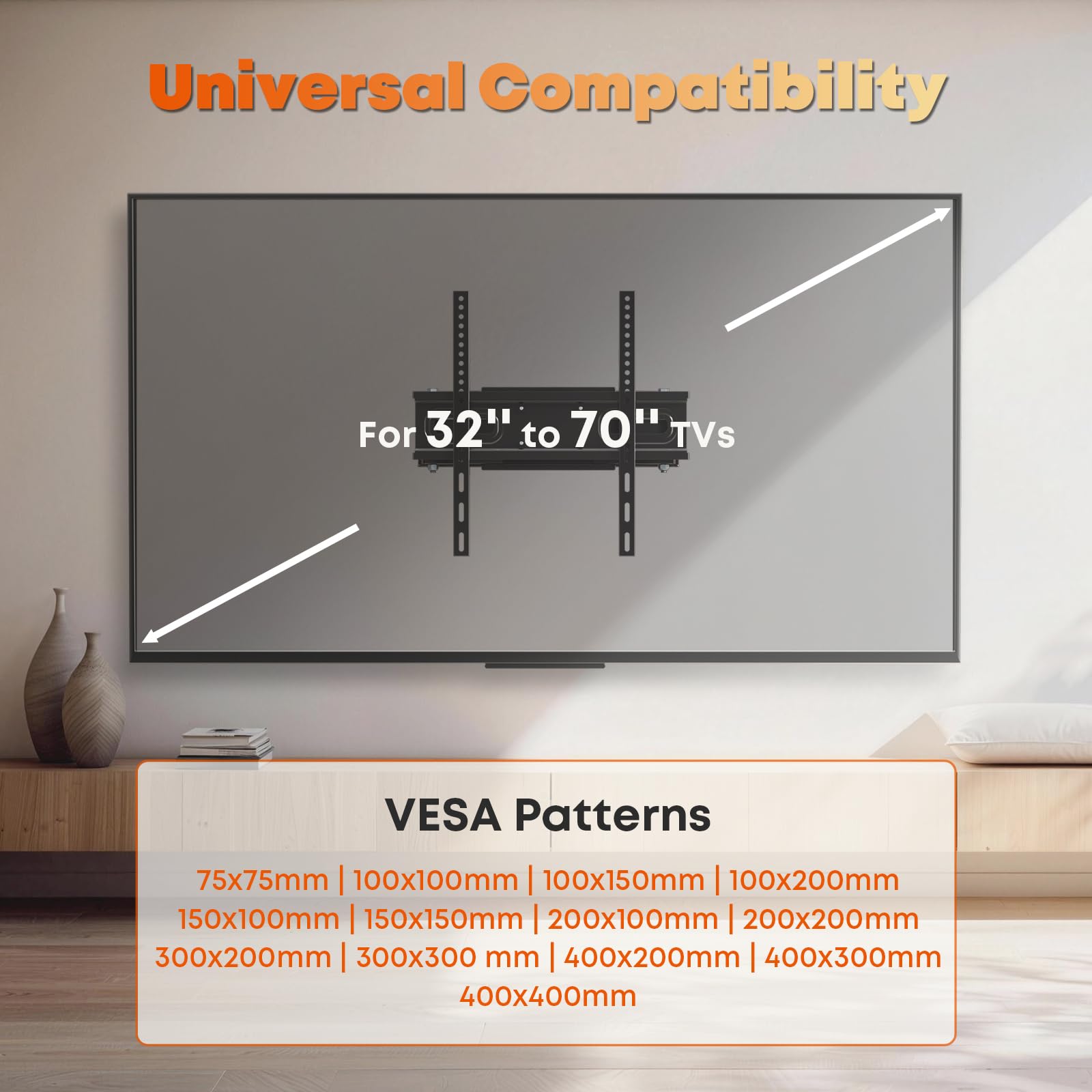 Support Mural TV, Support TV Mural Orientable et Inclinable pour Téléviseurs 32-70 Pouces jusqu'à 50kg, Fixation Murale TV pour Écrans Plats LCD LED, VESA Max 400x400mm