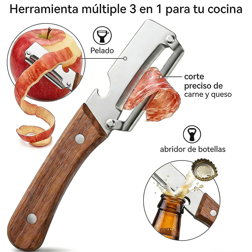 Pelador Multifuncional 3 en 1 con Mango de Madera Ergonómico, Pelador de Patatas y Frutas de Acero Inoxidable con Abrebotellas y Función de Cortador para Embutidos y Verduras - Zero Snag (2) — view 2