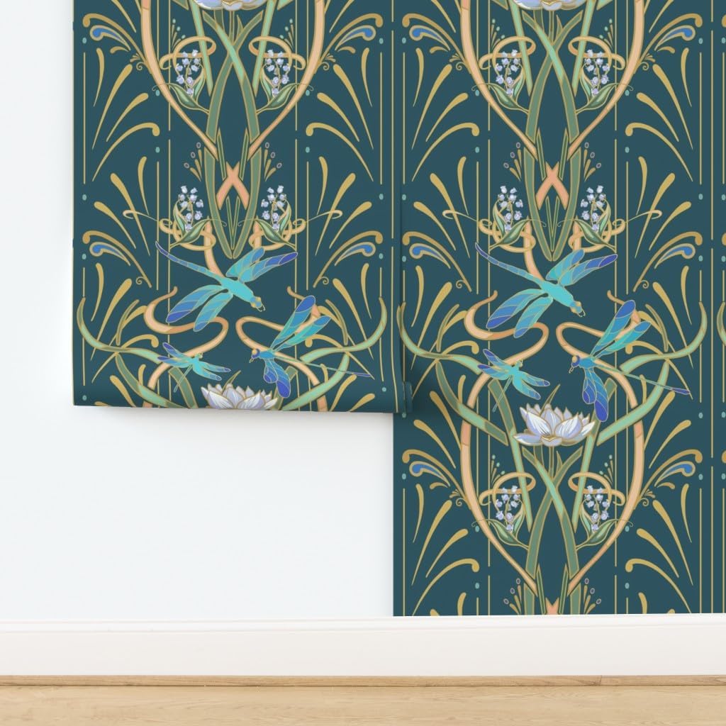 Peel & Stick Wallpaper 3ft x 2ft - Art Nouveau Dragonflies Deep Teal Green Classy Aqua Deco Contemporary Dragonfly Custom Removable Wallpaper by Spoonflower