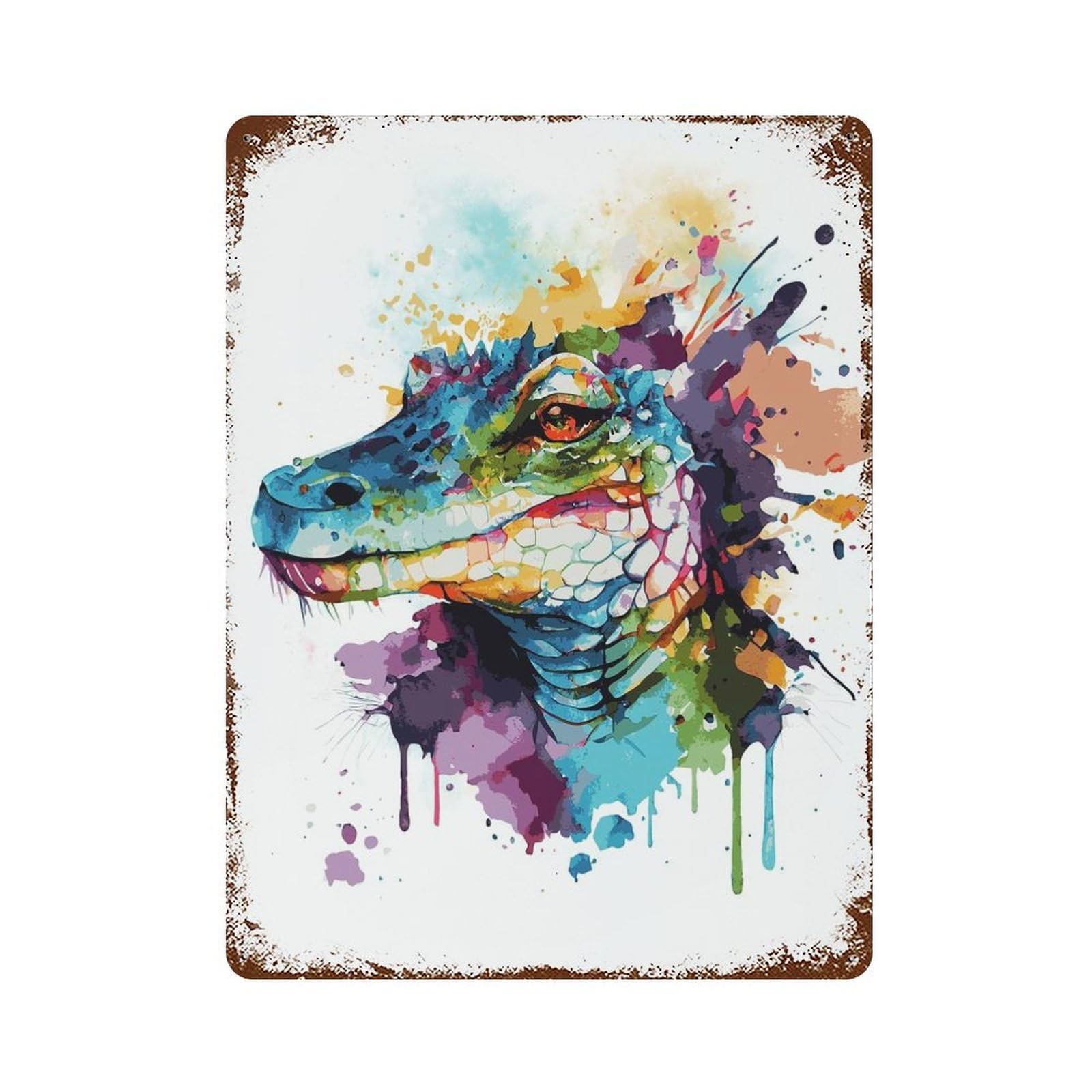 Watercolor Crocodile Aged Metal Wall Plaque 15.7"x11.8", Old School Wall Decor for Garage, Pub Or Kitchen